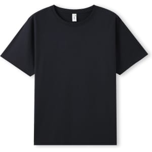 A black men's organic cotton T-shirt with a round neckline and short sleeves, featuring a logo on the label.