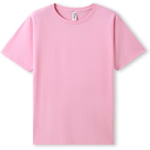 A pink organic cotton T-shirt with a round neckline and short sleeves, featuring a small logo at the neck.