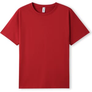 A red organic cotton T-shirt featuring a round neck and short sleeves, with a small logo on the label.