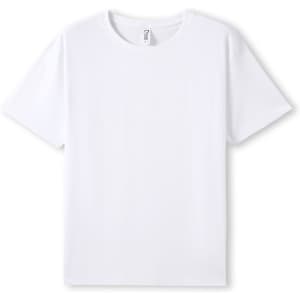 A white organic cotton T-shirt with a crew neck and short sleeves, featuring a logo on the label.
