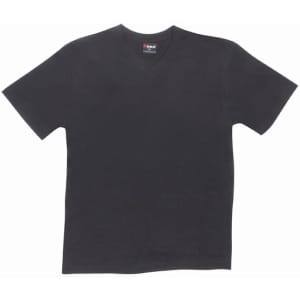 A black unisex V-neck T-shirt featuring short sleeves and a logo on the label.