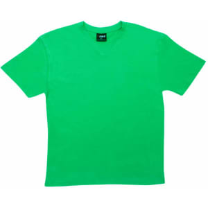 A green V-neck T-shirt with short sleeves and a label inside. It features a logo.