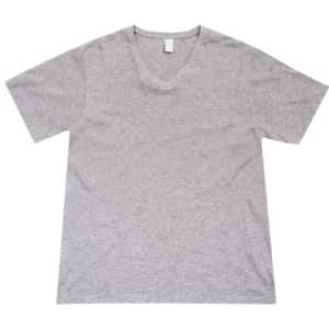 A grey unisex V-neck T-shirt with short sleeves and a basic design. It features a label at the neckline.