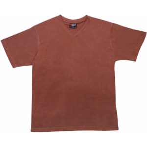 A rust-coloured unisex V-neck T-shirt featuring short sleeves and a label inside.