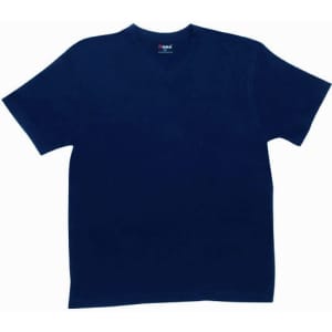 A navy blue unisex V-neck T-shirt with short sleeves and a tag inside. It features a logo on the tag.