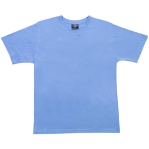 A light blue unisex V-neck T-shirt with short sleeves and a label on the inside collar.
