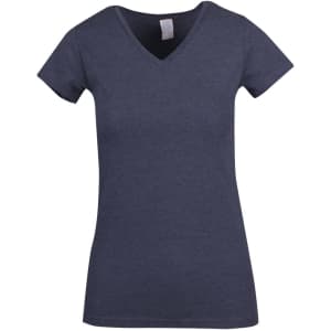 A women's navy marl V-neck T-shirt with short sleeves and a fitted design. Features a logo.