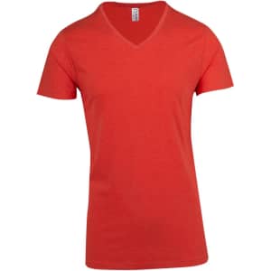 A red marl V-neck T-shirt featuring short sleeves and a logo.