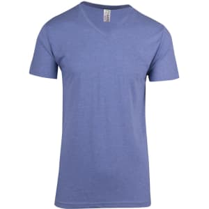A men's marl V-neck T-shirt in a light blue colour, featuring short sleeves and a tag. It has a small logo.