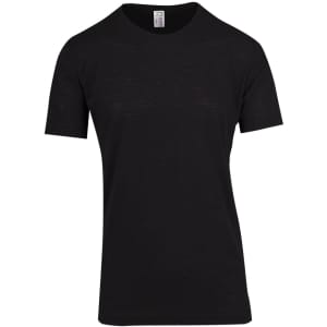 A black raw cotton T-shirt with a crew neckline and short sleeves. It features a brand logo.