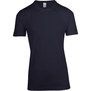 A plain navy blue raw cotton T-shirt with short sleeves and a logo on the label.
