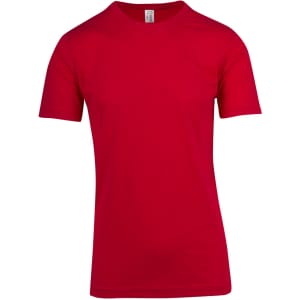 A red unisex raw cotton t-shirt featuring a classic crew neckline and short sleeves. It has a logo on the label.