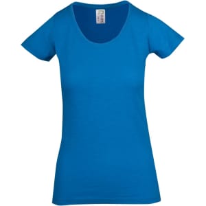 A blue women's raw cotton T-shirt featuring a scoop neckline and short sleeves. It includes a small logo.