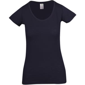 A women's navy raw cotton wave T-shirt with a scoop neckline and short sleeves, featuring a logo.