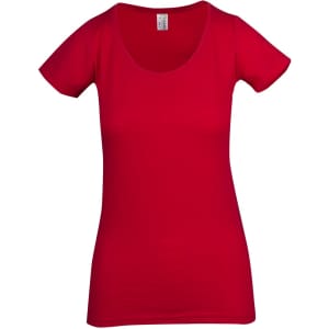 A red women's raw cotton t-shirt with a scoop neck and short sleeves, featuring a label inside.