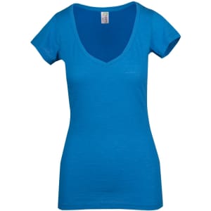 A women's blue raw cotton wave V-neck t-shirt with short sleeves and a fitted shape. It has a branding logo.