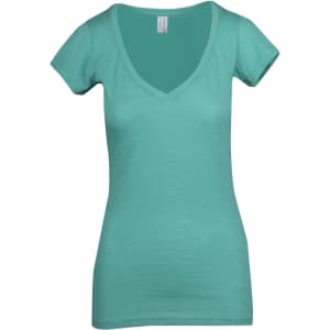 A women's raw cotton wave V-neck t-shirt in a soft turquoise colour, featuring short sleeves and a logo.