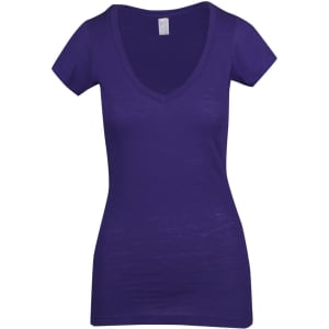 A women's raw cotton V-neck T-shirt in a rich purple colour, featuring short sleeves and a fitted design.