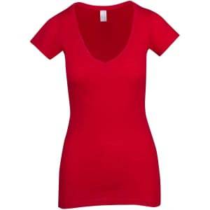 A red women's raw cotton wave V neck t-shirt with short sleeves and a fitted design. It features a logo on the label.