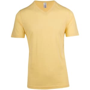 A yellow raw cotton V-neck T-shirt in a men's/unisex style, featuring short sleeves and a simple design.