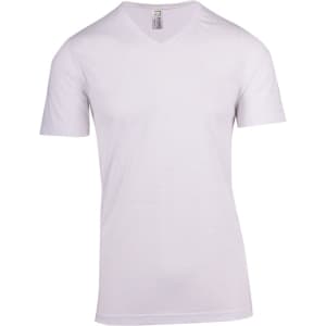A white raw cotton V-neck T-shirt featuring short sleeves and a casual fit. Includes a branding logo.