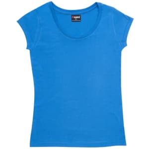 A women's scoop neck T-shirt in bright blue, featuring short sleeves and a fitted design. Includes a brand logo.