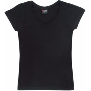 A black women's jersey scoop neck T-shirt with short sleeves and a simple design.