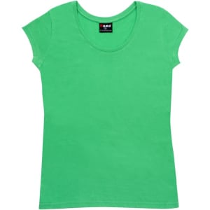 A green women's jersey scoop neck T-shirt with short sleeves and a branded label.