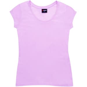 A women's jersey scoop neck t-shirt in a soft lavender colour, featuring short sleeves and a logo on the inside label.