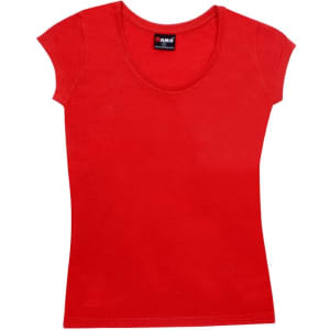 A red women's jersey scoop neck T-shirt with short sleeves and a branded label.