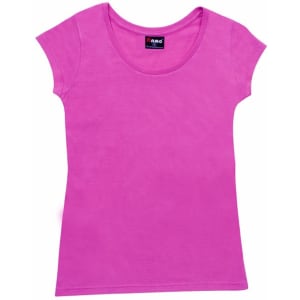 A bright pink women's jersey scoop neck T-shirt with a fitted design and short sleeves. It features a logo label.