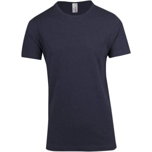 A unisex navy marl crew neck T-shirt featuring short sleeves and a simple design. It has a label inside.