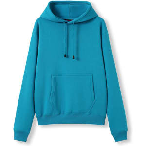 A bright blue women's juniors hoodie featuring a kangaroo pocket and a drawstring hood.