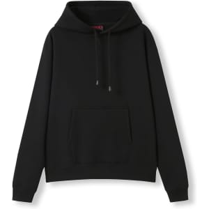 A black women's junior kangaroo pocket hoodie featuring a drawstring hood and long sleeves.
