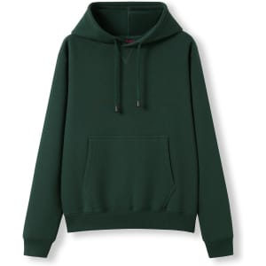 A dark green women's juniors hoodie featuring a kangaroo pocket and a drawstring hood. It has a logo.