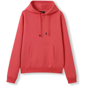 A coral hoodie with a kangaroo pocket and a drawstring hood, featuring a logo on the front.