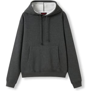 A grey women's juniors hoodie featuring a kangaroo pocket and a drawstring hood. The design includes a logo.