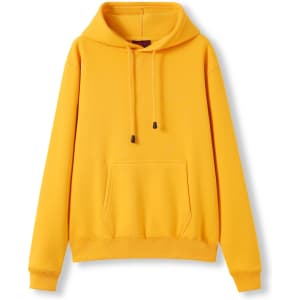 A yellow women's junior kangaroo pocket hoodie with a drawstring hood and a front pocket.