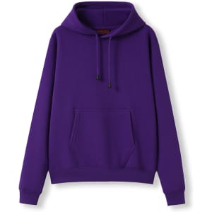 A purple kangaroo pocket hoodie with a hood and drawstrings, featuring a front pocket and long sleeves.