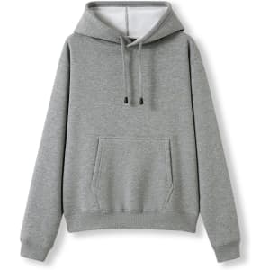 A grey women's juniors kangaroo pocket hoodie with a drawstring hood and cuffs. Features a logo.