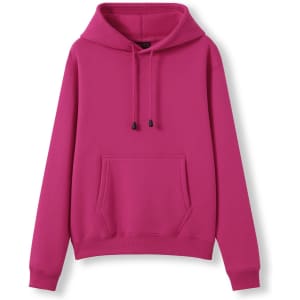 A bright pink women's hoodie featuring a kangaroo pocket and a hood, with drawstrings for adjustment.