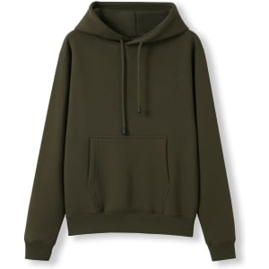A women's juniors kangaroo pocket hoodie in olive green with a hood and long sleeves. It has a central pocket and a logo.