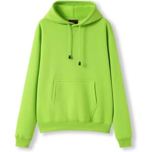 A bright green women's/juniors kangaroo pocket hoodie with a drawstring hood and a front pouch pocket.