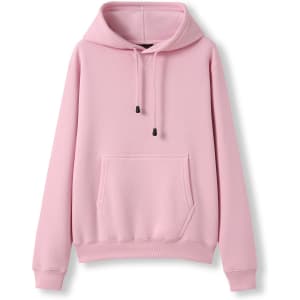 A pink women's juniors hoodie featuring a kangaroo pocket, hood, and drawstring. It includes branding.