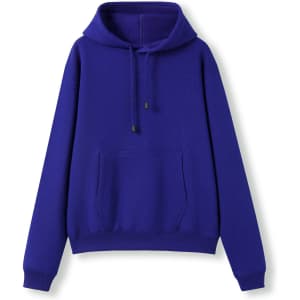 A blue women's juniors kangaroo pocket hoodie with a front pocket and a drawstring hood. It has a logo on it.
