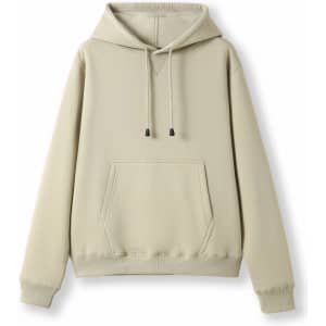 A women's juniors kangaroo pocket hoodie in a beige colour, featuring a large front pocket and a drawstring hood.