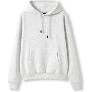 A grey kangaroo pocket hoodie featuring a drawstring hood and a front pocket. The product has an adjustable hood.