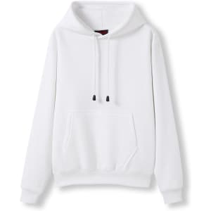 A white women's juniors kangaroo pocket hoodie with a hood and a simple design. It features a front pocket and drawstrings.