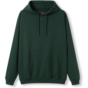 A dark green men's hoodie featuring a kangaroo pocket and drawstring hood. Includes a logo on the chest.