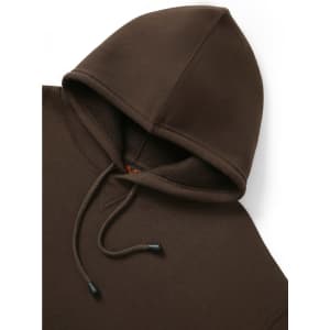 A brown kangaroo pocket hoodie featuring a hood and drawstring, with a branded label inside.